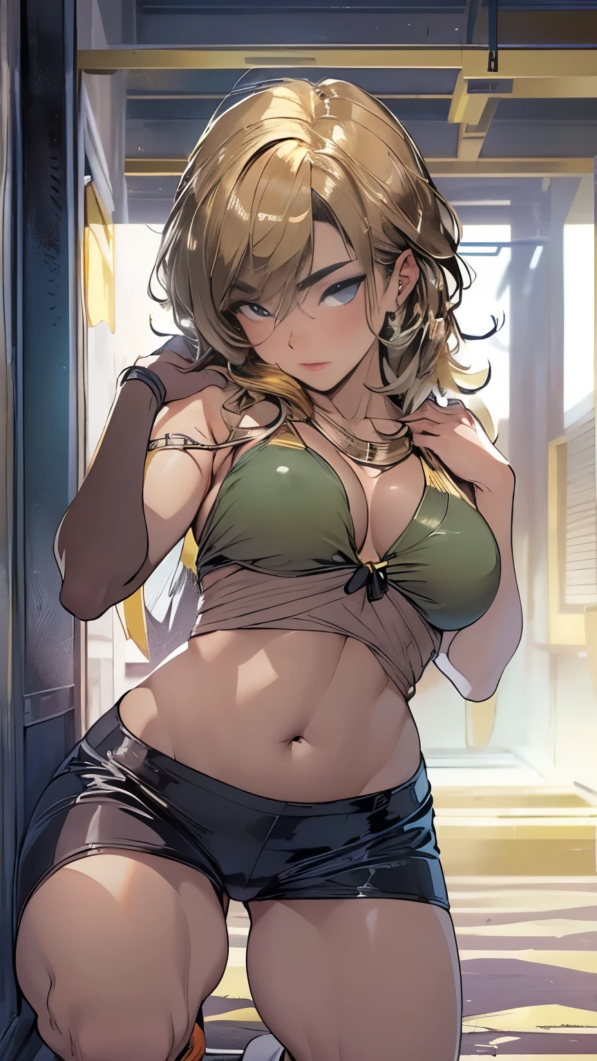 (masterpiece, best quality:1.2),((photoreal:1.1)),perfect anatomy,solo, ((alone:1.4)),Hayami Ayuko,((1 middle age woman)),((1 japanese MILF)),perfect eyes, ((looking at viewer:1.4)),((horizontal angle:1.3)),((straight-on:1.3)),(view from front),shoot from front,lighting from front,((small breasts:1.4)),((Piutuary small breasts:1.2)),(muscular:1.1),((do not hide your crotch)),((cod lips)),((squatting:1.3)),((spreading your legs wide:1.3)),(hands on hip bone:1.4),(holding your head high),((bare legs:1.3)),delicate and beautiful,(black hair),(dark skin),((gold bikini:1.2)),high heel,