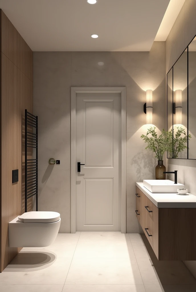 Create for me a bathroom that is 180cm long by 140cm wide with 225cm high corner door on the 180cm wall, on the same wall as the door, place the shower in the other corner