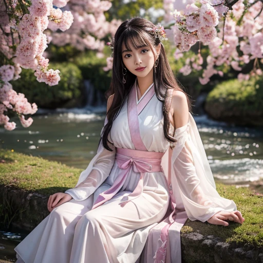 best quality, Delicate face，beautiful visual work, lifelike, eternity, black hair, Long curly hair, blunt bangs, Smile, Detailed Background, Delicate face，blush，cold，((masterpiece))、(top quality)、8k、high detail、Super detailed，21 years old female，身穿唐制Hanfu、waist skirt, Clothes are light and fluffy，Hanfu, wide sleeves, Transparent sleeves, Tunic, Clothes made of chiffon, Seductive and whimsical style、masterpiece、born、Scenes resembling fairy tale illustrations、intricate details和複雜的設計、Beautifully、magic、capricious、 Beautifully、Dream aesthetics、「𝓡𝓸𝓶𝓪𝓷𝓽𝓲𝓬、ethereal、charming、fickle、magic」、realism、Visual effects、FXAA、SSAO、Shader、voiceless、ambient lighting、Tone mapping、High resolution、Ultra high quality、Million pixels、(8K resolution:1.10)、8k、8k以下、8K resolution、high detail、intricate details， (high quality:1.2、masterpiece:1.2、:1.21)、(21 years old female:1.21)、(興奮地Smile)、(被dream般的氛圍所包圍、Model diagram，full-body shot，Normal 2 feet，Put your hands behind you，The protrusion of the breast is visible when wearing clothes, Large Breasts, H cup chest, antiquity, Xian Xia, gauze clothes, Soft and fluttering, Fairy, dream, fantasy, light, Elegant, nature, Immortal, romantic, classical, ribbon, pink clothes, By the stream, "Cross your hands and put them into your sleeves"