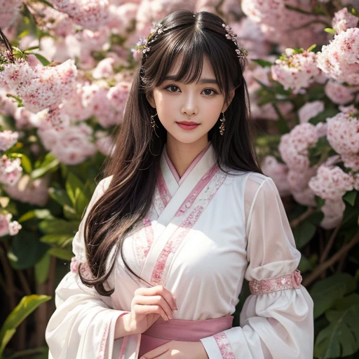 best quality, Delicate face,beautiful visual work, lifelike, eternity, black hair, Long curly hair, blunt bangs, Smile, Detailed Background, Delicate face,blush,cold,((masterpiece))、(top quality)、8k、high detail、Super detailed,21 years old female,身穿唐制Hanfu、waist skirt, Clothes are light and fluffy,Hanfu, wide sleeves, Transparent sleeves, Tunic, Clothes made of chiffon, Seductive and whimsical style、masterpiece、born、Scenes resembling fairy tale illustrations、intricate details和複雜的設計、Beautifully、magic、capricious、 Beautifully、Dream aesthetics、「𝓡𝓸𝓶𝓪𝓷𝓽𝓲𝓬、ethereal、charming、fickle、magic」、realism、Visual effects、FXAA、SSAO、Shader、voiceless、ambient lighting、Tone mapping、High resolution、Ultra high quality、Million pixels、(8K resolution:1.10)、8k、8k以下、8K resolution、high detail、intricate details, (high quality:1.2、masterpiece:1.2、:1.21)、(21 years old female:1.21)、(興奮地Smile)、(被dream般的氛圍所包圍、Model diagram,full-body shot,Normal 2 feet,Put your hands behind you,The protrusion of the breast is visible when wearing clothes, Large Breasts, H cup chest, antiquity, Xian Xia, gauze clothes, Soft and fluttering, Fairy, dream, fantasy, light, Elegant, nature, Immortal, romantic, classical, ribbon, pink clothes, By the stream, "Cross your hands and put them into your sleeves"