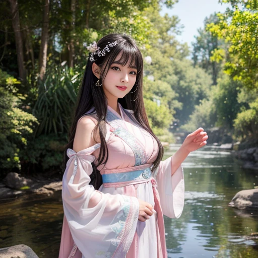 best quality, Delicate face,beautiful visual work, lifelike, eternity, black hair, Long curly hair, blunt bangs, Smile, Detailed Background, Delicate face,blush,cold,((masterpiece))、(top quality)、8k、high detail、Super detailed,21 years old female,身穿唐制Hanfu、waist skirt, Clothes are light and fluffy,Hanfu, wide sleeves, Transparent sleeves, Tunic, Clothes made of chiffon, Seductive and whimsical style、masterpiece、born、Scenes resembling fairy tale illustrations、intricate details和複雜的設計、Beautifully、magic、capricious、 Beautifully、Dream aesthetics、「𝓡𝓸𝓶𝓪𝓷𝓽𝓲𝓬、ethereal、charming、fickle、magic」、realism、Visual effects、FXAA、SSAO、Shader、voiceless、ambient lighting、Tone mapping、High resolution、Ultra high quality、Million pixels、(8K resolution:1.10)、8k、8k以下、8K resolution、high detail、intricate details, (high quality:1.2、masterpiece:1.2、:1.21)、(21 years old female:1.21)、(興奮地Smile)、(被dream般的氛圍所包圍、Model diagram,full-body shot,Normal 2 feet,Put your hands behind you,The protrusion of the breast is visible when wearing clothes, Large Breasts, H cup chest, antiquity, Xian Xia, gauze clothes, Soft and fluttering, Fairy, dream, fantasy, light, Elegant, nature, Immortal, romantic, classical, ribbon, pink clothes, By the stream, "Cross your hands and put them into your sleeves"
