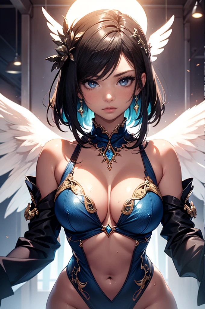 1girl,solo,super detailed skin,shiny skin,wet oily skin, expressionless, majestic wings,angelic skin, detailed eyes,eyelashes,lips gloss,beautiful nails  ,large breasts,beautifully shaped breasts, majestic halo,aura,vibrant colors,point at viewer,wide shot,cameltoe,masterpiece,best quality,ultra detailed,high resolution,sharp focus,depth of field,