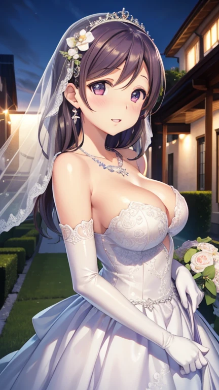 nozomitoujou, nozomi toujou, aichan, breasts, masterpiece, best quality, high resolution, extremely detailed face, good lighting, detailed CG, glossy lips, beautiful detailed eyes, wedding dress, elbow gloves, necklace, garden, bride and brjdesmaids, 3 girls, (multiple girls)