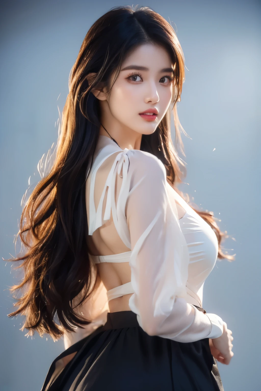 4K Ultra HD, Masterpiece, Very high quality, A girl, Age 20 years girl, Good face, Smooth face, Detailed eyes, Beautiful hair, Very long hair, Hair Band, Cute look, White party attire, White dress, night club, Party lighting, in club, be on stage, Dancing, Full body capture,