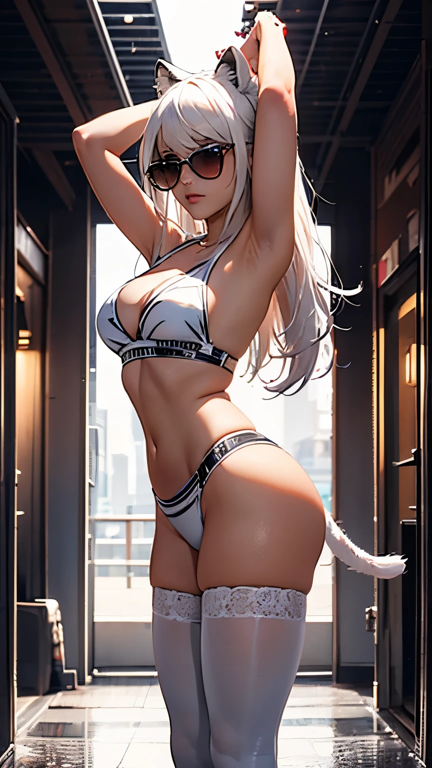 Cyberpunk, Frank Frazetta-esque, perfect composition, one woman, solo, white tiger theme, arms up, knees up, pose, low angle close up shot, high bloom in background, glow, soft pink edge light, long pointy white hair, white tiger ears, white tiger tail, white tiger fur stockings, small glowing orange sunglasses, white tiger stripes, perfect hands, high contrast, blown out brightness, harsh top down lighting