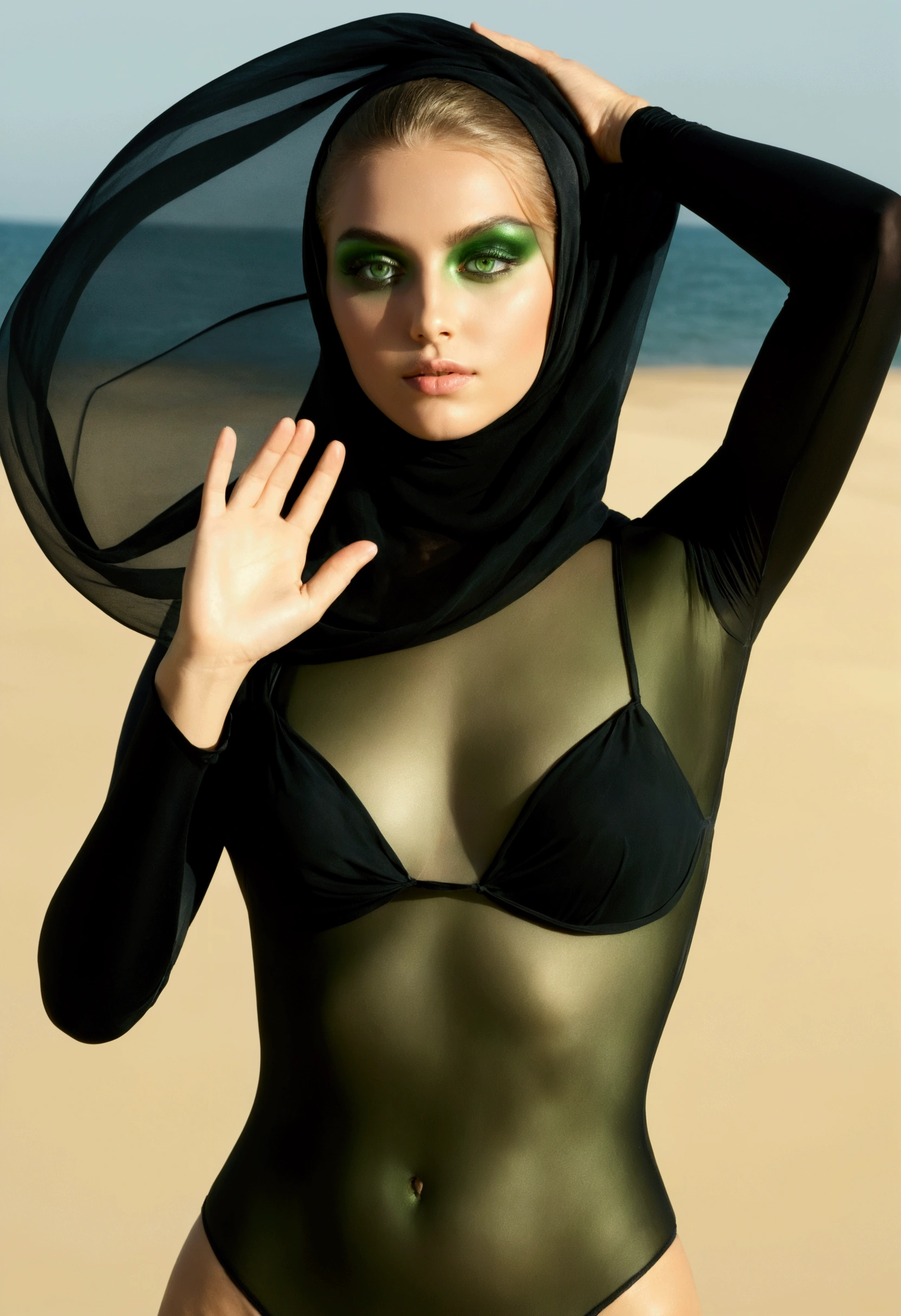 Full body image of a beautiful white European girl, beautiful with strong green eyes is 20 years old with a black veil covering her face, she has green eyes fortes, slightly muscular shoulders, swimmer's body, She wears black lingerie and a transparent veil on her face covering her mouth, she is dancing, sticking your butt out to the side, one hand up, she is facing the camera, sultry gaze, she has green eyes, has sensual black makeup on her eyes, She is standing with her legs intertwined, she is facing the camera, She holds a beautiful sphere of perfectly smooth and shiny polished glass in one hand and the ball reflects the sunlight., she holds has perfect hands, she is on the sand of the beach with the sea on the horizon.