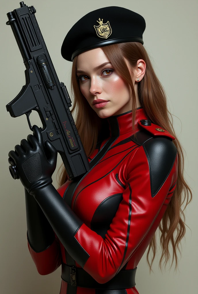 I made them wear military uniforms that were a mix of red and black.、Draw a beautiful girl with long chestnut hair and red eyes wearing a black beret and holding a gun.