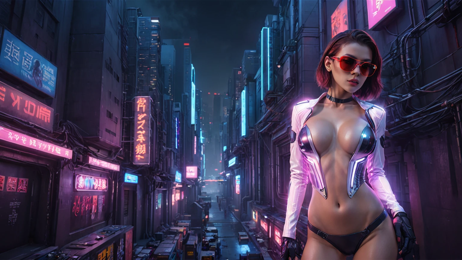 (aerial view, a flying cars docking platform, a very dark abandoned futuristic city, neon lights), rainy night. A girl as Lara Croft, solo, alone, large-breast:1.2 slim body, cleavage:1.1, sexy wind blowing wet dress:1.4, (headphone, black sunglasses), (((((she raised:1.8 a pistol:1.8 and took aim at viewer))))), dynamic pose, (((half-body thigh level medium shot))), cinematic lighting, lens flare, ray tracing.