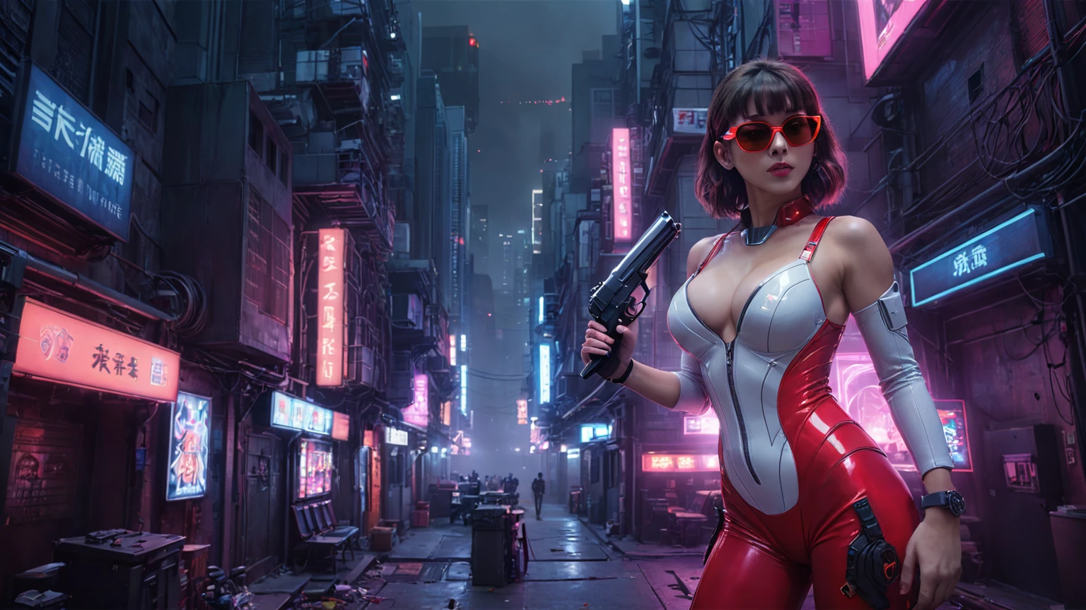 There's a cyborg woman (8k) wearing a futuristic leotard (best quality), aerial view of a cyberpunk city alley at night, (a real monkey on her shoulder), darksynth aesthetic, red neons, haze, foggy night, ultra detailed, photorealistic, (1girl, solo, alone), large-breast:1.2 slim body, cleavage:1.1, (black sunglasses), (holding a pistol), dynamic pose, half-body thigh level medium shot, cinematic lighting, ray tracing.