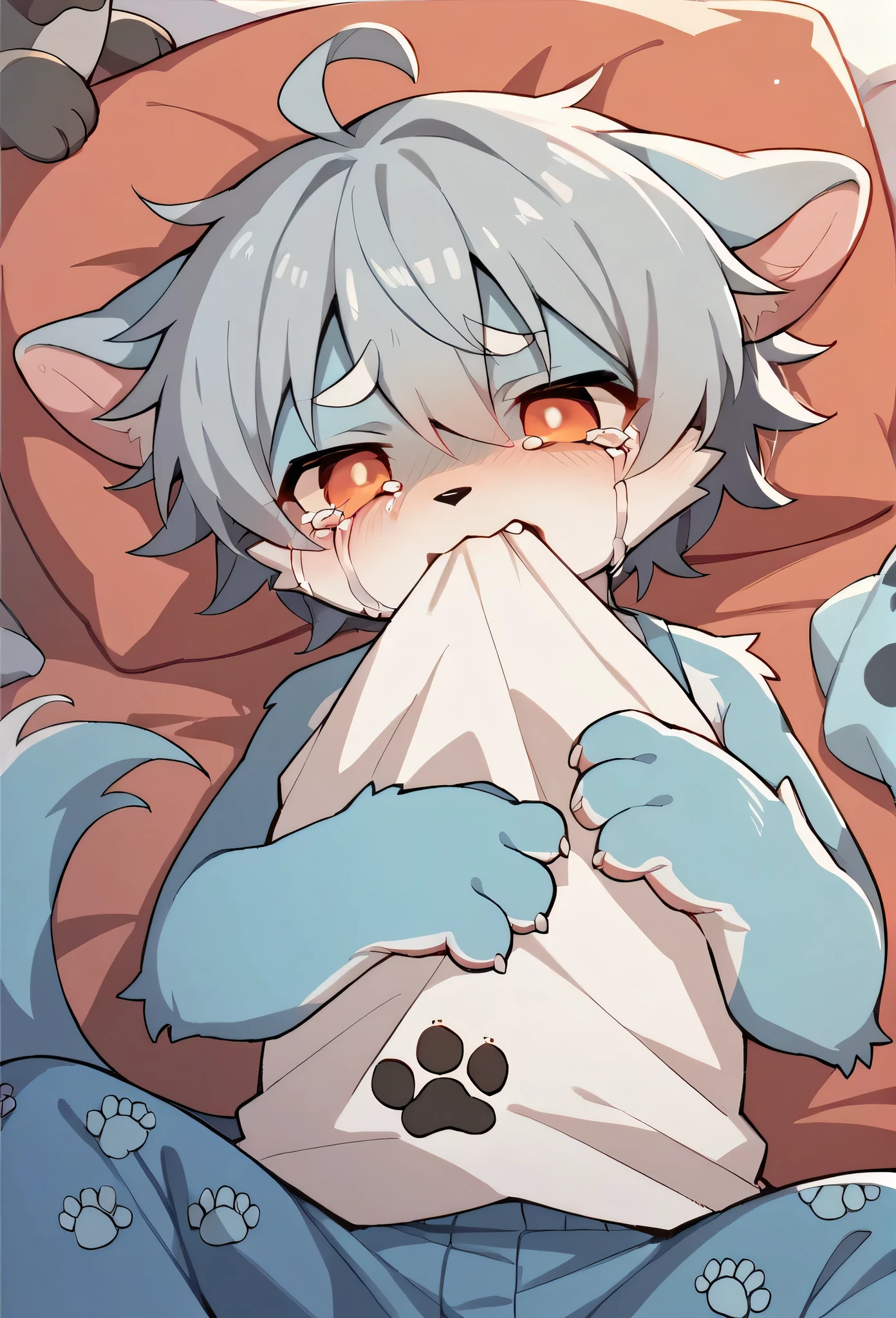 (Light blue fur,Gray Hair,)participate,Footprint clothes,Pajama Clothing,dog,cry,Cry loudly,Tears galore,(Light blue fur,Gray Hair)Biting someone else&#39;s hand,Intimidation,Tie with a red collar,