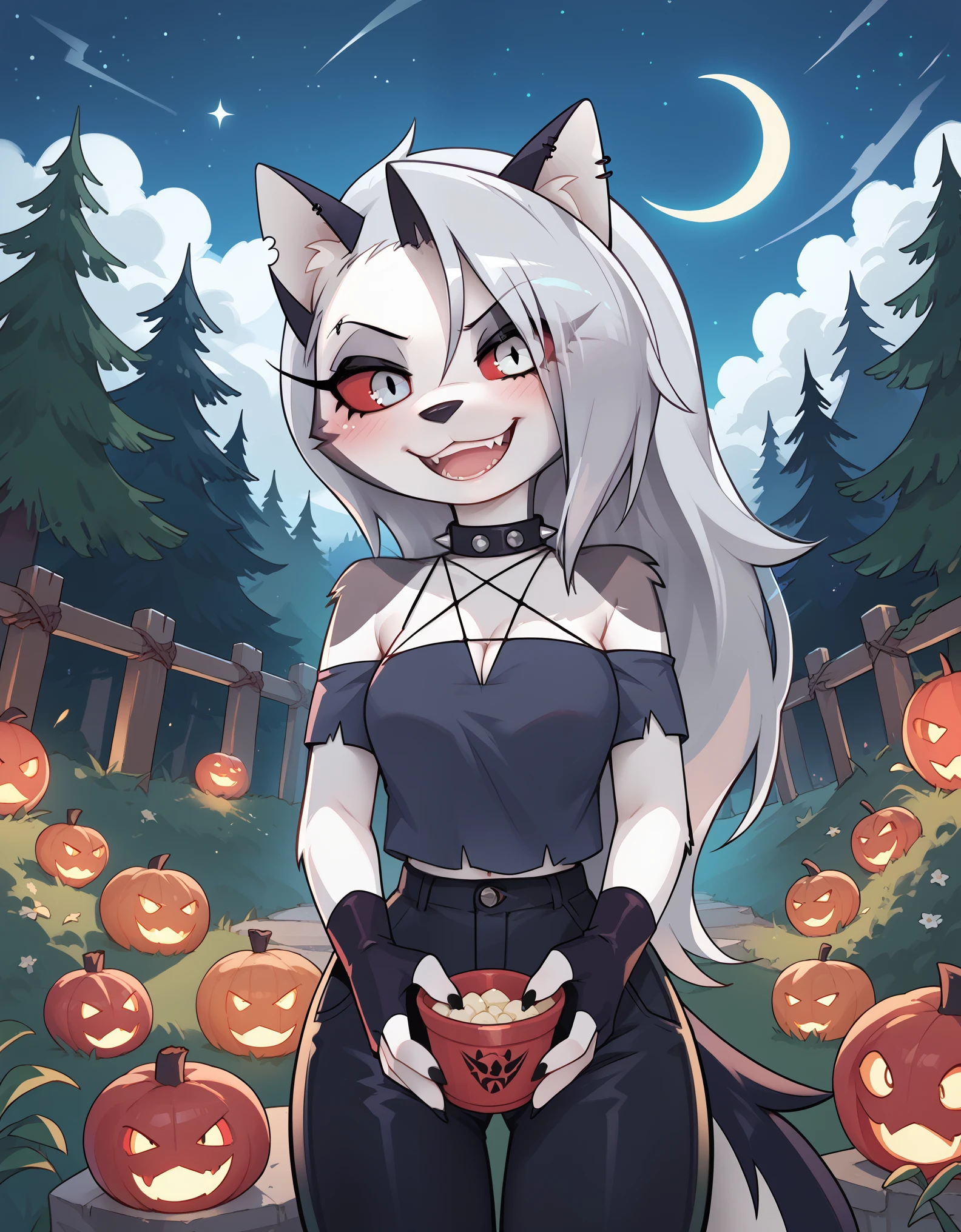 score_9_up, score_8_up, score_7_up,  rating_safe, furry, anthro, solo, loona(jizokumode), hellhound, red sclera, loona (helluva boss), tanktop, fingerless gloves, excited, blep, forest, night, stars, crescent moon, solo, forced smile, 4 fingers, inverted pentagram,