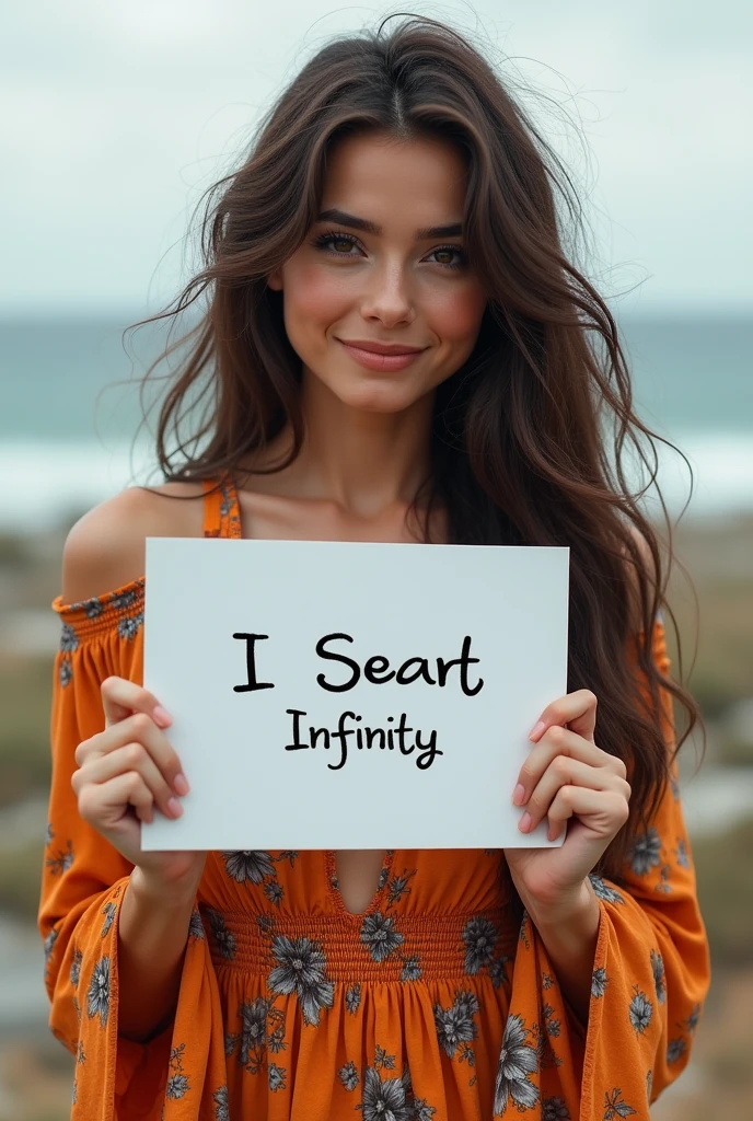 Beautiful girl with wavy long hair, bohemian dress, holding a white board with text "I Love Seaart Infinity" and showing it to the viewer