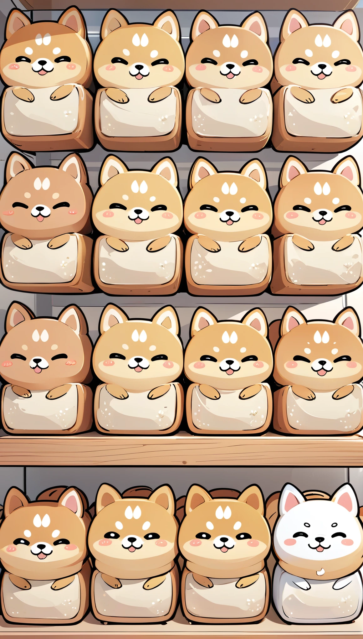 (masterpiece:1.2, Highest quality,Highest quality,Very detailedな:1.2),(Very detailed),(Best illustrations),8k,(Mr.々Small Shiba Inu character breads with cute expressions are arranged in a square.,Bakery Shop,Deformation,Very simple design,Vector Flat,Vector art)