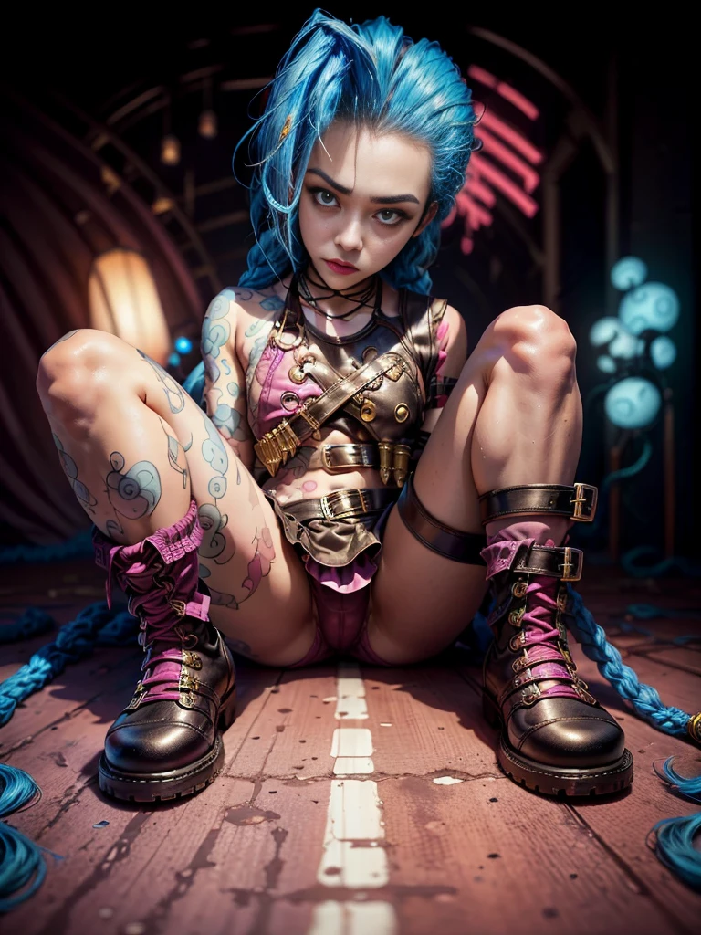 ((Jinx wears a Harajuku Tech costume), tousled hair, ( atmosphere:1.2), laying down, spread legs, leather boots