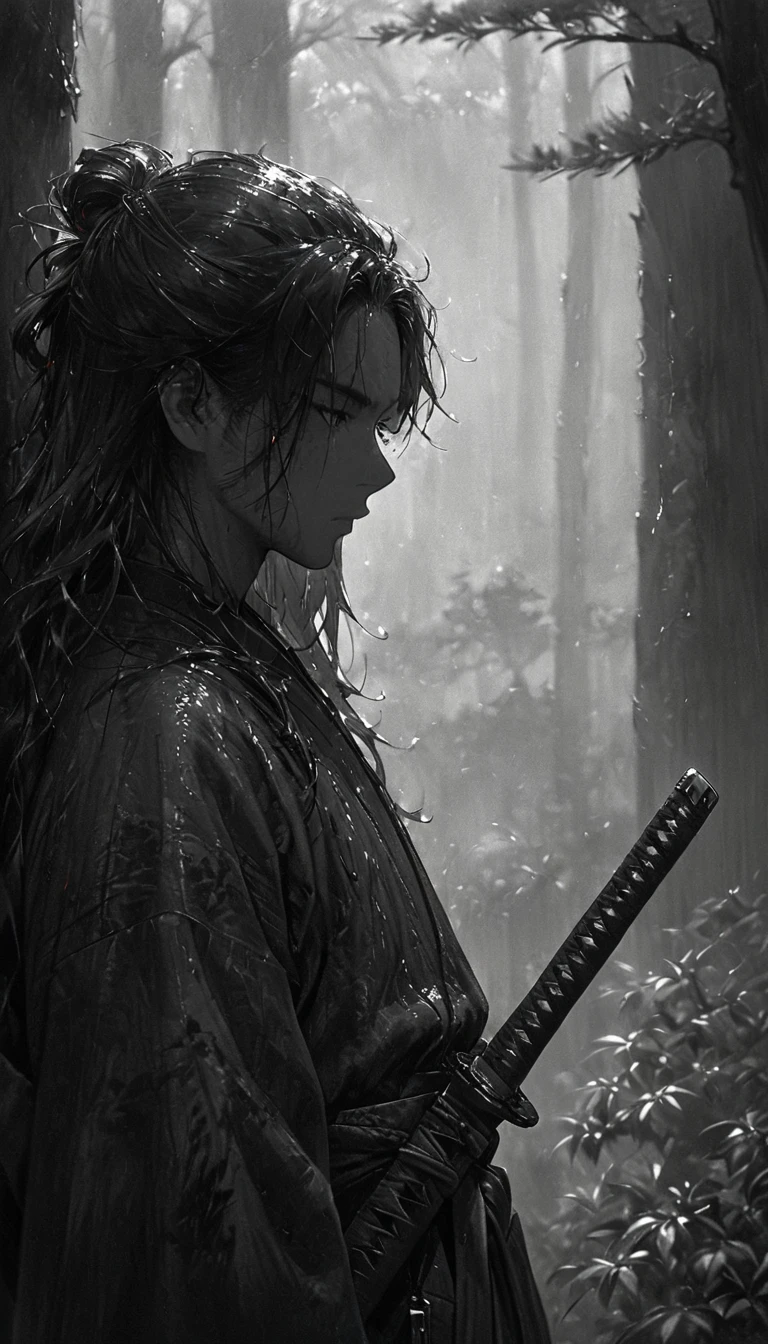 portrait, 1boy, solo, long hair, Japanese clothing, black clothing, samurai, (hakama), (holding weapon, katana), plain tree, sheath, shadow, ink painting, [[greyscale]], simple background, (windy), (masterpiece:1.2), best quality, super detailed, [cowboy shot], from side, DeepNegative_xl_v1