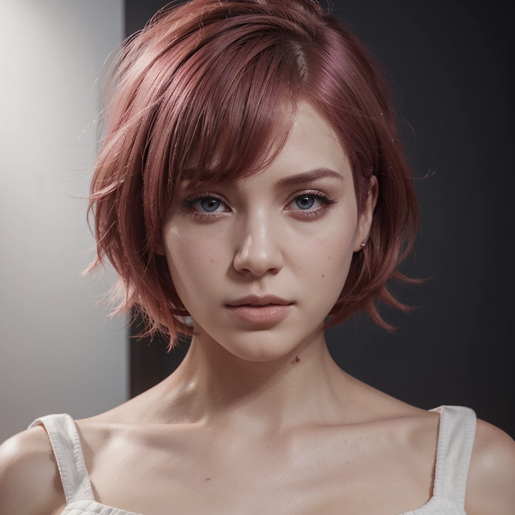arcanevo, a woman with medium short pink hair and white dress, female face, unreal engine character art, portrait