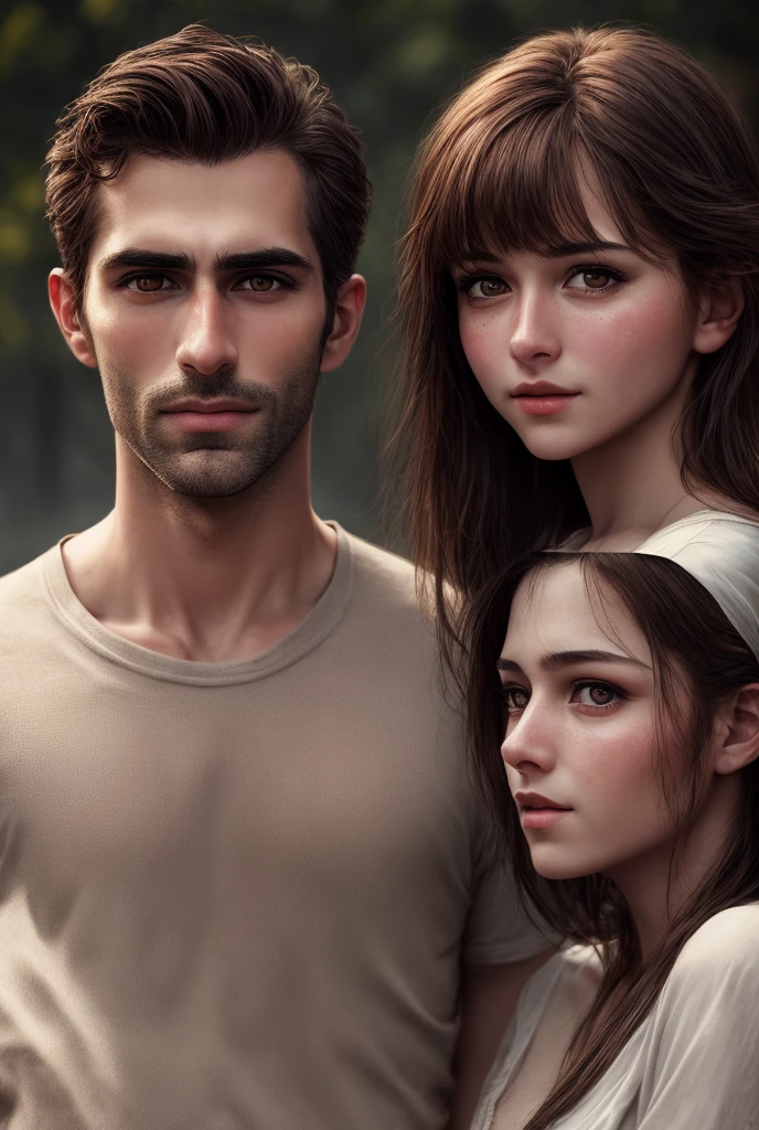 A man and girl,primitive, Masterpiece, ultra fine photos, Best quality, Ultra-high resolution, Realistic, Sunny, full-body portraits, Amazing man, Dynamic posture, exquisite face, Vibrant eyes, Very detailed background, Detailed face, detailed tidy background, Gorgeous, High detail skin, Realistic skin details, Visible pores, Clear focus, volume fog, 8K UHD, Digital SLR, High quality, filmgrain, Fair skin, Realism,(((Handsome man and beautiful girl:1.4)))