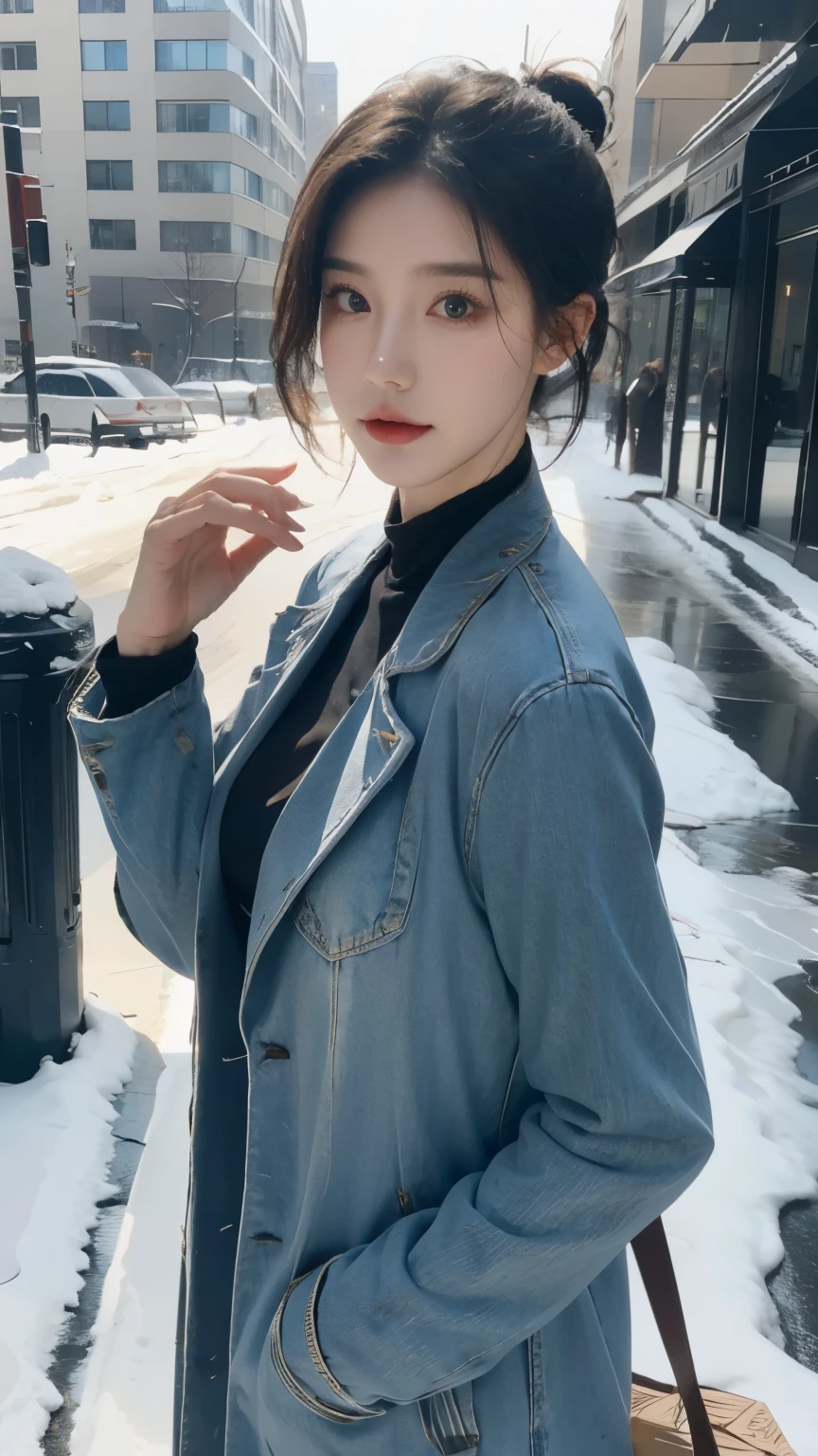 individual，young girl，23 years old, fine hair, Detailed faces, photoshoot，Long hair tied up，full, Short hair details，blue winter coat, model，snack, Sexy breasts，snow scene