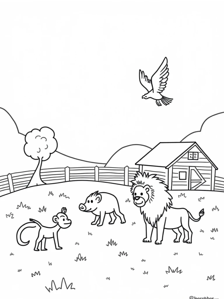 Simple line drawings of florest animals like monkey, eagles, javali, and lion. Include florest elements like wooden fences, barns, and fields. The style should be easy for children to color