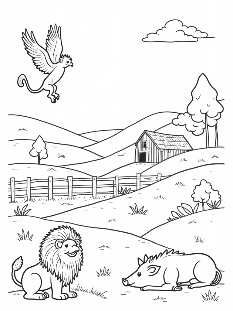 Simple line drawings of florest animals like monkey, eagles, javali, and lion. Include florest elements like wooden fences, barns, and fields. The style should be easy for children to color