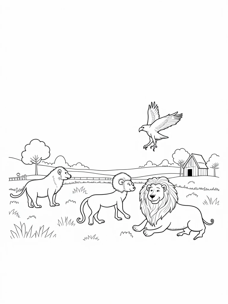 Simple line drawings of florest animals like monkey, eagles, javali, and lion. Include florest elements like wooden fences, barns, and fields. The style should be easy for children to color
