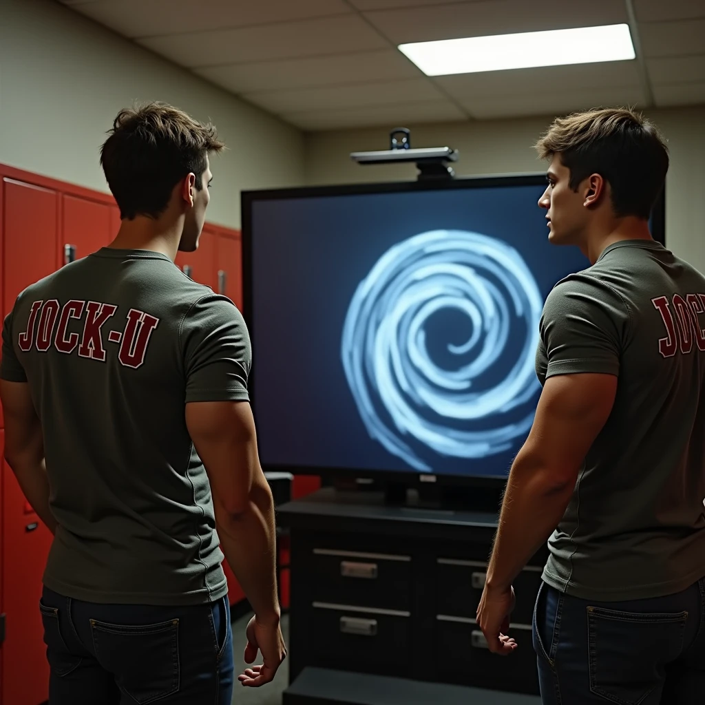 Young male college students Wearing shirts that say JOCK-U as big dumb hyper muscular bodybuilder football jock bros flexing and staring blankly into a monitor displaying a hypnotic spiral under hypnosis in a locker room doing a double bicep flex to expose sweaty armpits as he repeats, "Bigger... Dumber.... Just a big ... dumb ... jock. Huhuh.... Wut up , bro? C'mere. Watch the spiral and FLEX with me, BRO! It's good to be a JOCK." in a deep voice. Hyper swollen crotch bulge. Sweating. Mouth hanging open. Hyper muscles. Giant biceps. Giant triceps. Broad shoulders. Giant traps. Giant lats. Giant deltoids. Big meaty pecs. Brainwashing. Hypnosis. Hypnotized. Bro. IQ drain. Sweaty. Stereotype. Hypnotic trance. Entranced. Brainwashed. meathead. Musclehead. mindless. brainless. Side view.