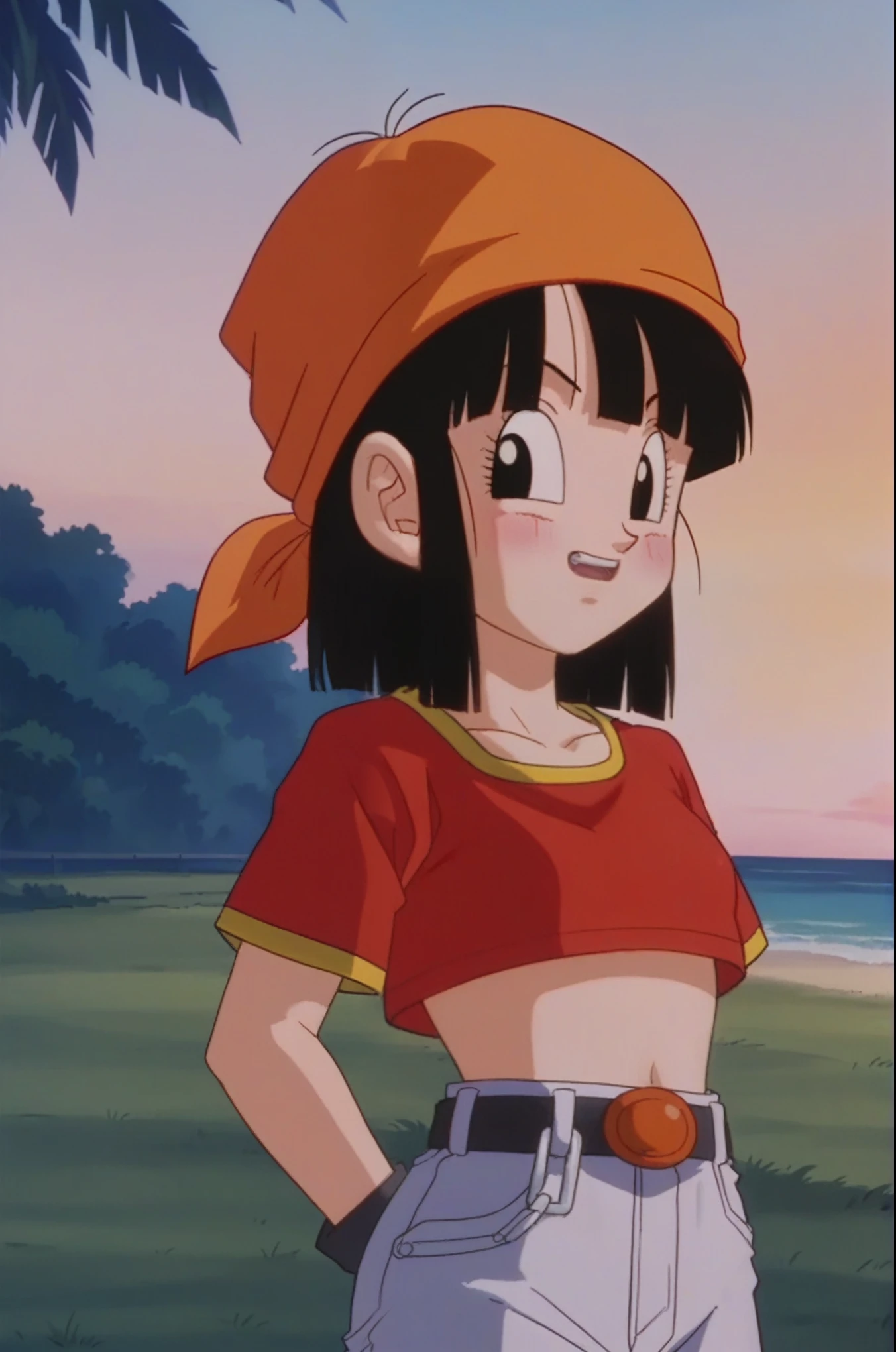 source_anime, score_9, score_8_up, score_7_up, anime screencap, 
pangt, 1girl, bangs, blushing, grass, black hair, sunset, Watching the sunset, beach in open sea sunset, sun, collarbone, whole body, teeth, blunt bangs, outdoors, black eyes, eyelashes, upper teeth only, red crop top, bandana, retro artstyle, , 1990s \(style\), orange headwear, melancholic, thoughtful, hand on the chin, medium ass, breasts