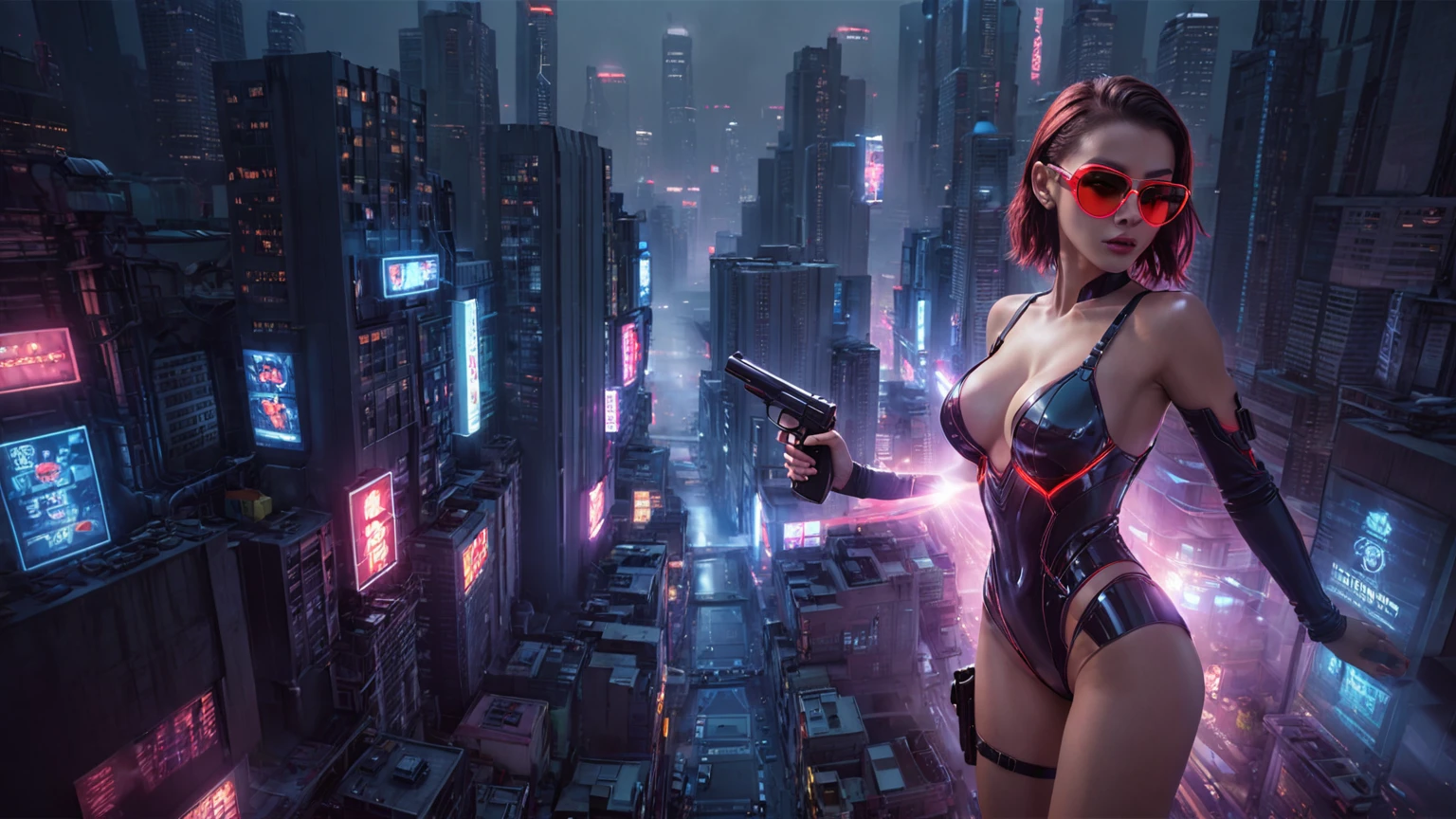 There's a cyborg woman (8k) wearing a futuristic leotard (best quality), aerial view of a cyberpunk city alley at night, (a real monkey on her shoulder), darksynth aesthetic, red neons, haze, foggy night, ultra detailed, photorealistic, (1girl, solo, alone), large-breast:1.2 slim body, cleavage:1.1, (black sunglasses), (holding a pistol), dynamic pose, half-body thigh level medium shot, cinematic lighting, ray tracing.