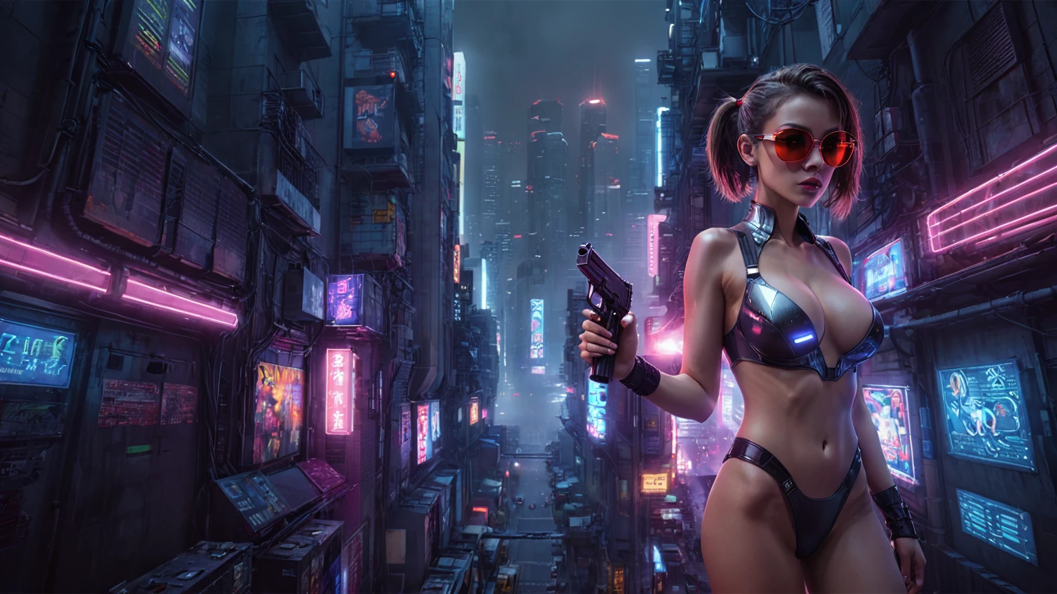 There's a cyborg woman (8k) wearing a futuristic leotard (best quality), aerial view of a cyberpunk city alley at night, (a real ey on her shoulder), darksynth aesthetic, red neons, haze, foggy night, ultra detailed, photorealistic, (1girl, solo, alone), large-brea slim body, cleavage:1ck sunglasses), (holding a pistol), dynamic pose, half-body thigh level medium shot, cinematic lighting, ray tracing.