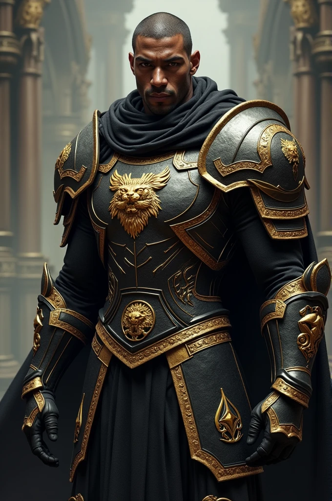 Mulatto-colored man with black and gold armor and a cape related to the Knights of the Zodiac, His armor will have the combination of a lion spirit and a puma