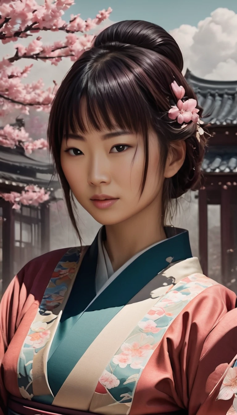 A Japanese warrior woman stands heroically in a traditional, retro-styled landscape, reminiscent of classic line art and comic book illustrations. With a samurai sword at her back and a determined gaze, she embodies the dynamic spirit of vintage Japanese culture. Intricate, filigree-like patterns adorn her armor, while tiny, detailed textures and bold lines give the image a sharp, high-quality appearance. The scene is set against a traditional Japanese backdrop, complete with cherry blossoms and subtle gradient effects, evoking a sense of nostalgia and timelessness. The color palette is a vibrant blend of traditional Japanese hues, with a modern twist inspired by the likes of Chan-Wong and Flux-style. The overall aesthetic is a masterful blend of ink punk and art nouveau, with bold, expressive lines and delicate, detailed flourishes, perfect for a high-resolution, ultra-detailed vector-style illustration, inspired by the latest Artstation trends,kodew