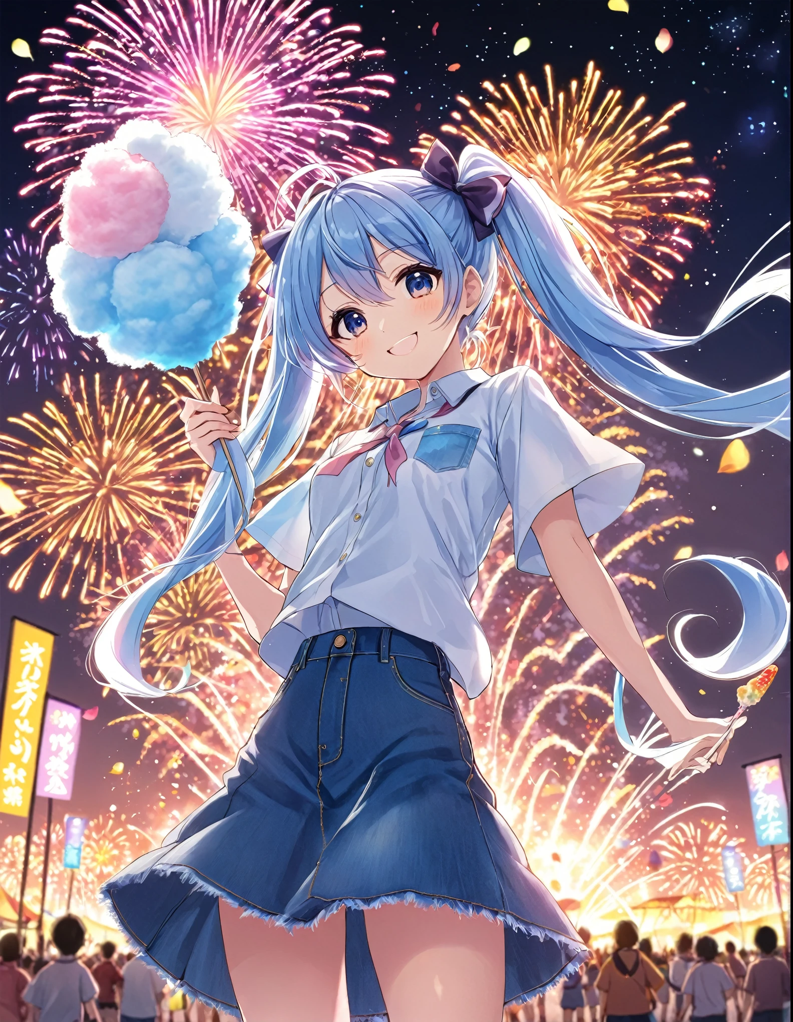 Fireworks in the night sky、Light blue long hair、beautiful girl with twin tails、Holding a large cotton candy、Bright smile、festival、Festival scenery、Toshi shirt and denim skirt、Best anime 4k splash art anime loli,, 4k anime wallpaper, cotton candy, Anime Style 4k,