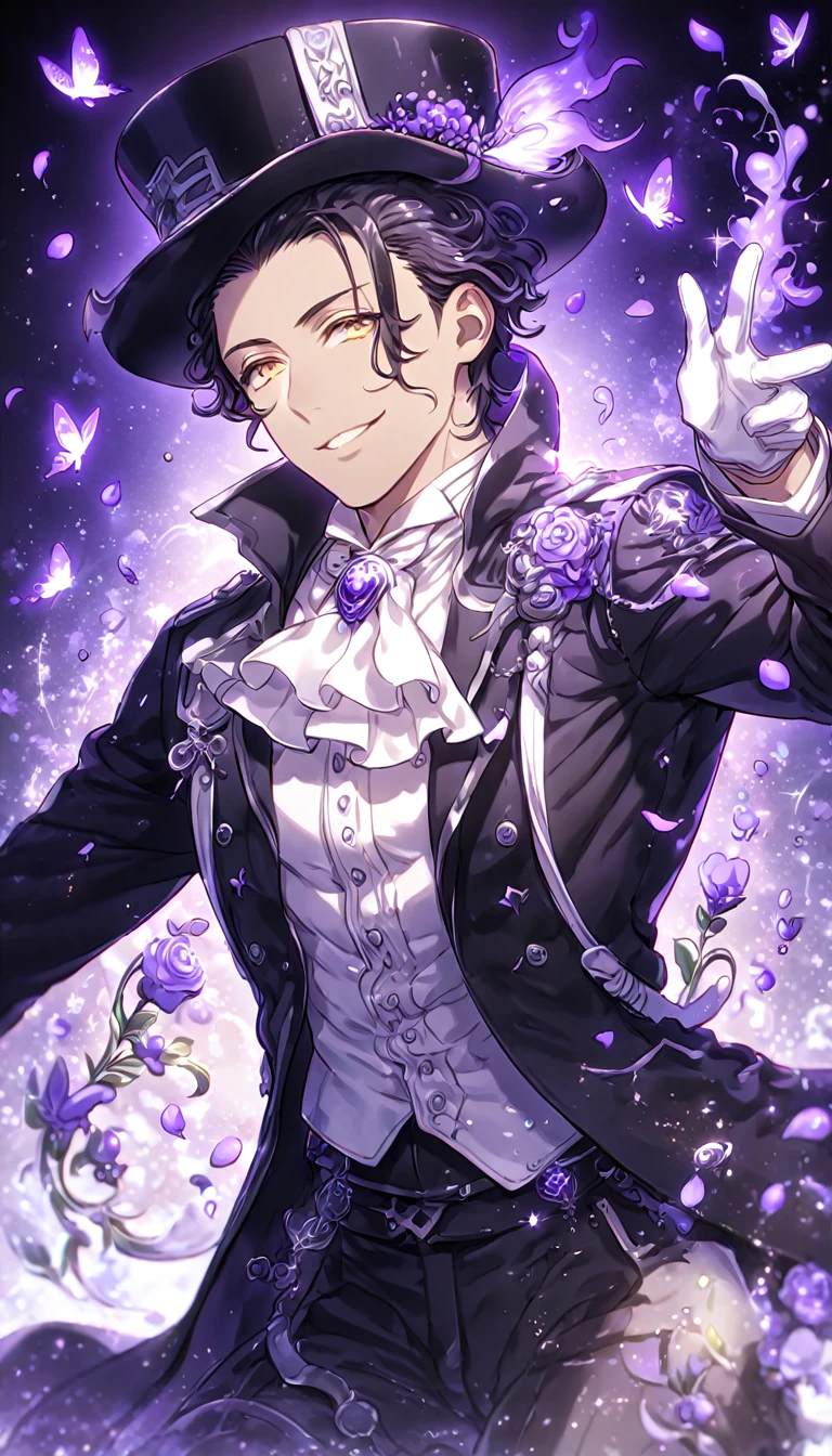 Ultra detailed, HDR, Highres, absurdres, master piece, Tyki Mikk, black hair, hair slicked back, ruffled wavy hair, short hair, expressive yellow eyes, dark gray skin, black coat, white shirt, white cravat, white gloves, D.Gray-man, black gentleman hat, sexy man, handsome, purple flowers, petals, fantasy, magical, purple leaves, handsome, best quality, glittering, sensual, ?????, water, purple shining fireflies, solo, small purple butterflies, purple flames, noah, handsome smile