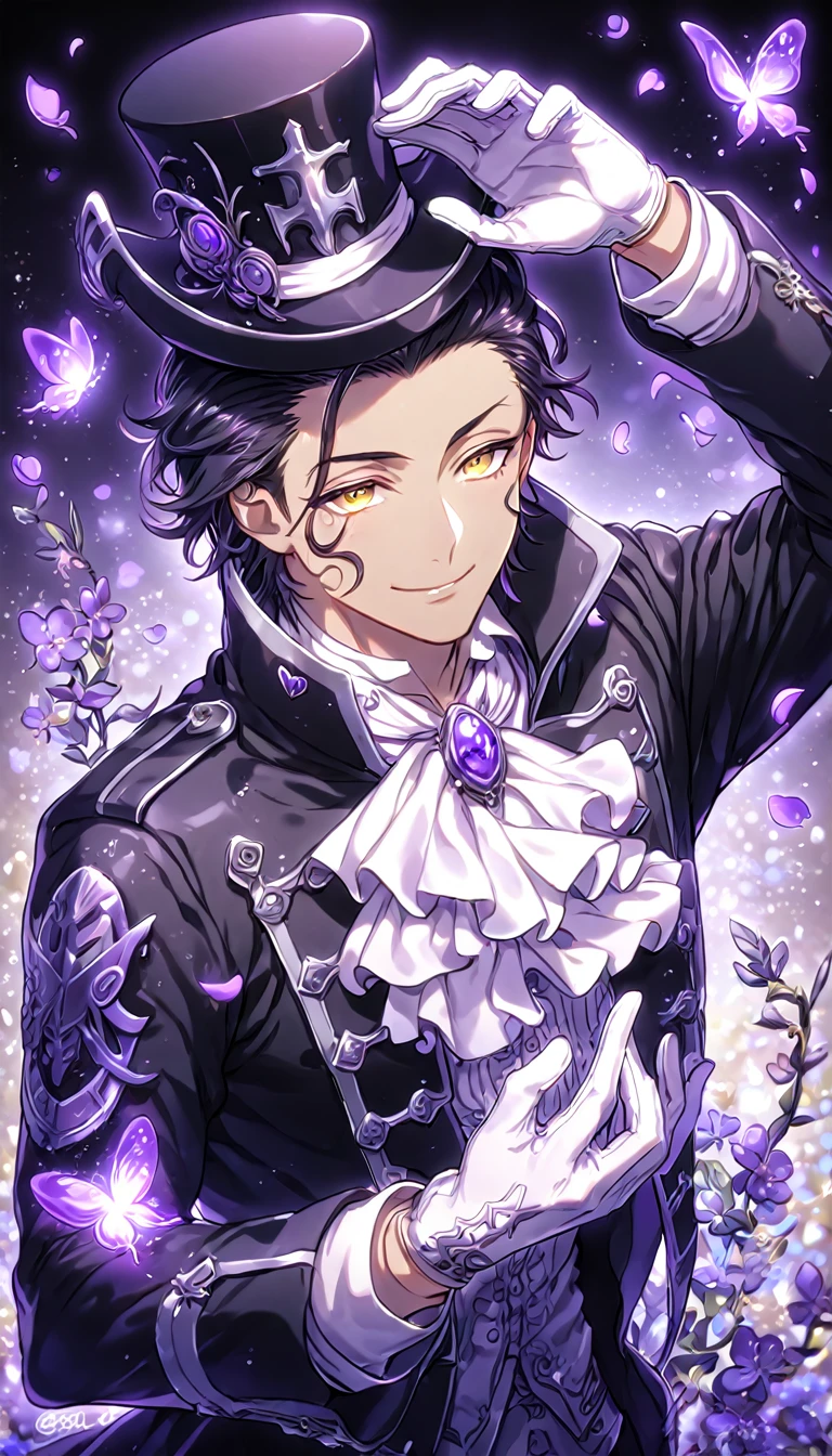 Ultra detailed, HDR, Highres, absurdres, master piece, Tyki Mikk, black hair, hair slicked back, ruffled wavy hair, short hair, expressive yellow eyes, dark gray skin, black coat, white shirt, white cravat, white gloves, D.Gray-man, black gentleman hat, sexy man, handsome, purple flowers, petals, fantasy, magical, purple leaves, handsome, best quality, glittering, sensual, horny, water, purple shining fireflies, solo, small purple butterflies, purple flames, noah, handsome smile