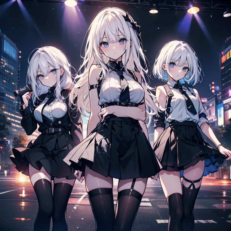 3 girls、Idol Group、Mature、Ample breasts、White Hair、Black Dress、Shoulder Bare、Miniskirt、Police、MiniskirtPolice、Night view、Spotlight、looking at the camera、cool、Bust-up perspective、High resolution、Highest quality