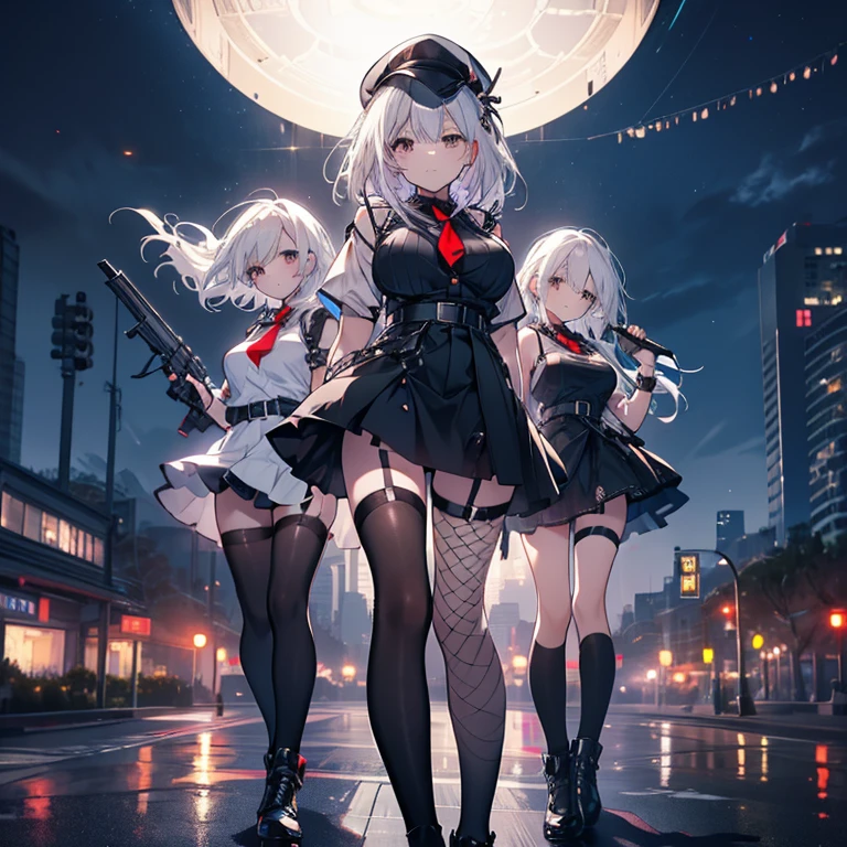 3 girls、Idol Group、Mature、Ample breasts、White Hair、Black Dress、Shoulder Bare、Miniskirt、Police、MiniskirtPolice、garter、Fishnet tights、Holding a gun、Night view、Spotlight、looking at the camera、cool、High resolution、Highest quality