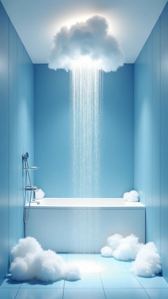 Image like a cloud. Fantastic. A shower room. Water is flowing from the shower. The functionality as a shower is not compromised. Modern and minimalist design based on blue, light blue, and white. Ideal shower room, stylish and attractive. A bathtub would be even better.