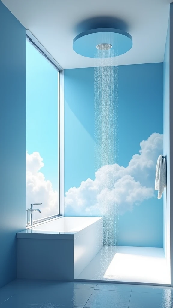 Image like a cloud. Fantastic. A shower room. Water is flowing from the shower. The functionality as a shower is not compromised. Modern and minimalist design based on blue, light blue, and white. Ideal shower room, stylish and attractive. A bathtub would be even better.