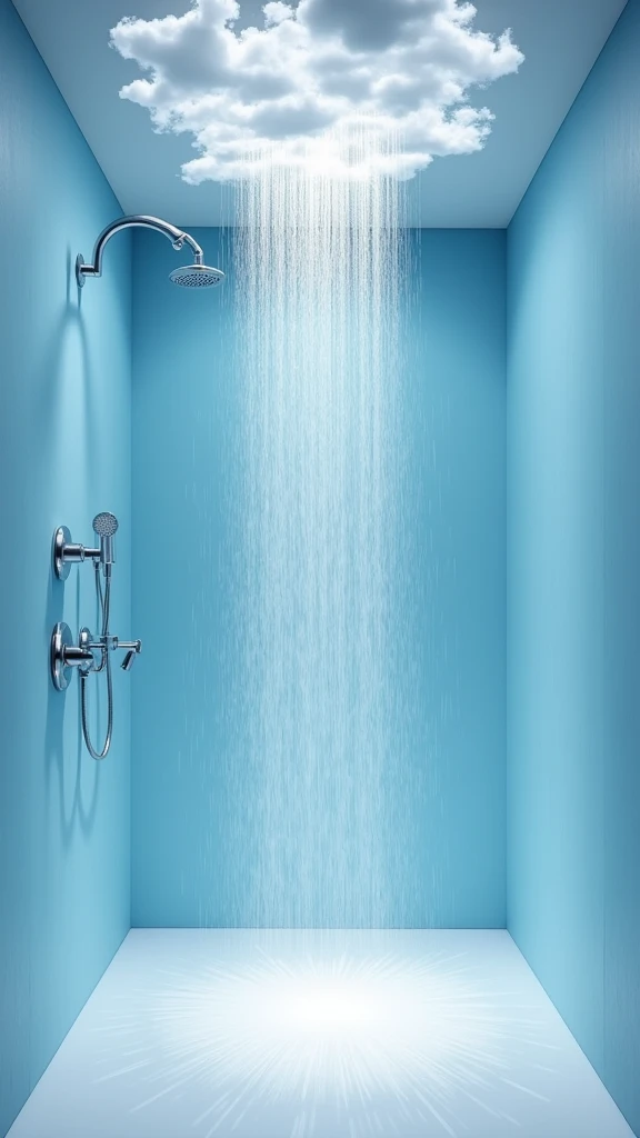 Image like a cloud. Fantastic. A shower room. Water is flowing from the shower. The functionality as a shower is not compromised. Modern and minimalist design based on blue, light blue, and white. Ideal shower room, stylish and attractive. A bathtub would be even better.