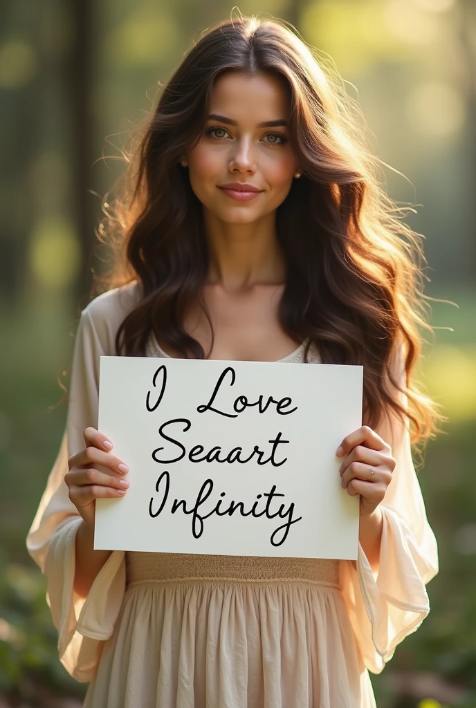 Beautiful girl with wavy long hair, bohemian dress, holding a white board with text "I Love Seaart Infinity" and showing it to the viewer