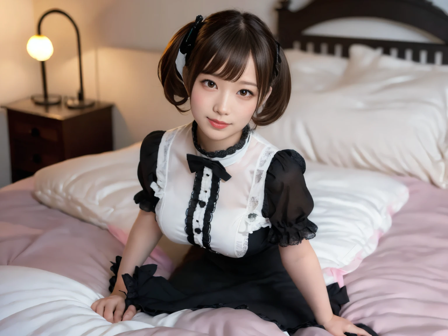 masterpiece, Highest quality, figure, Very detailed, The finer details, High resolution, 8k,wallpaper, Perfect dynamic composition,(Detailed high quality, Realistic depiction of eyes:1.3), (Three Girls:1.3),(Gothic ta fashion with tight buttons on the collar and chest), Seraphim, Short Bob Hair, (Lying on your back on the bed:1.5), Deep in the field, Black hair color, Big Natural Color Lip, (Perfect figure), (smile)、Harajuku Style、Adorable expression、Expressions of happiness、10 yght: 145cm、Baby Face、Amazingly cute、Cute type、Beautiful feet, Idol Sculpture、Big Breasts、whole body