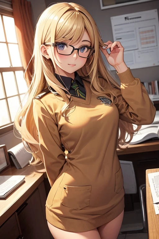 Make a blonde-brown college girl with glasses in a tight brown uniform 