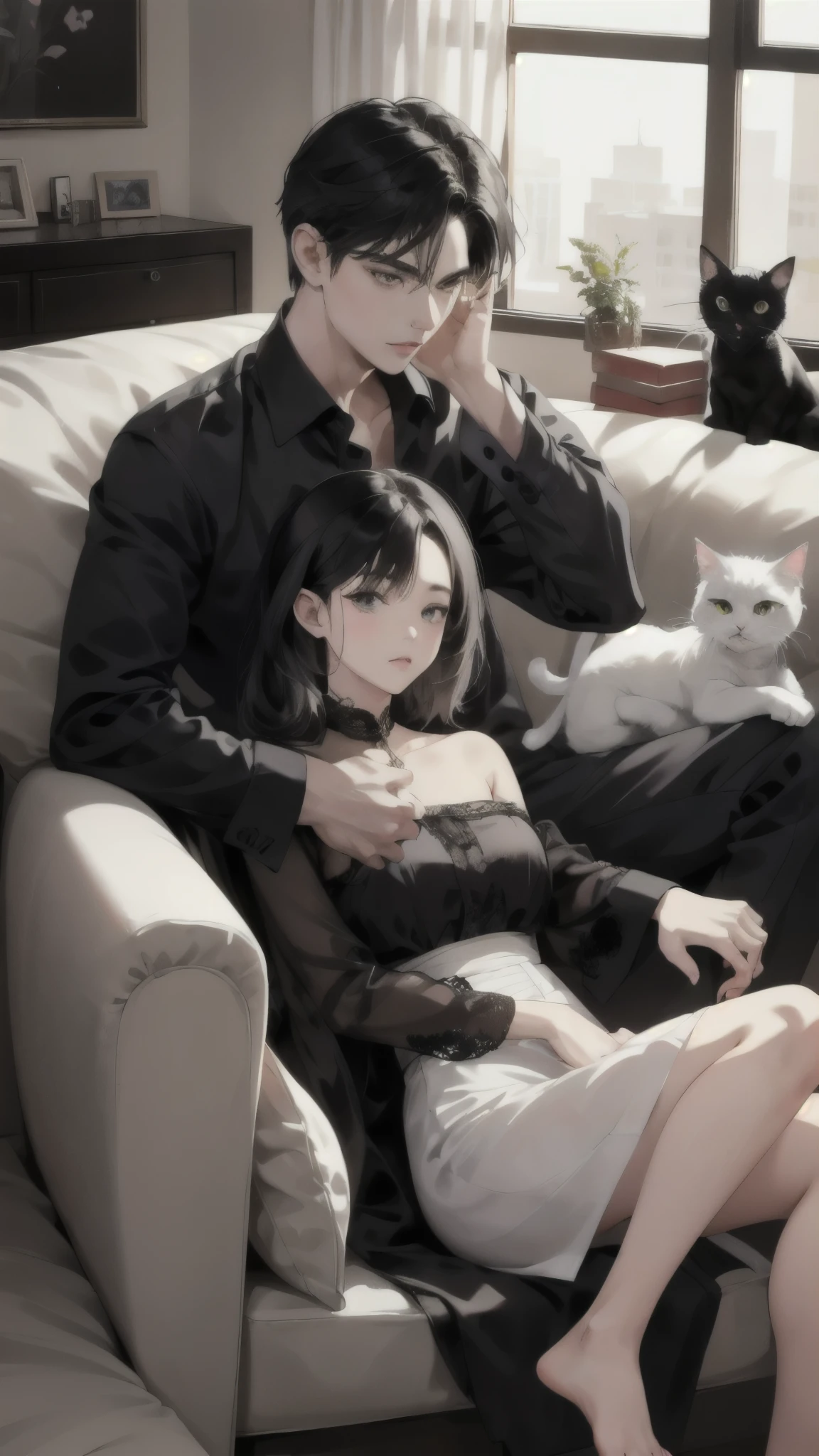 Young caucasian guy and young caucasian girl sitting on a sofa in an apartment watching TV with several cats.,black hair, Black Cat,White cat รายละเอียดสูง, ถูกต้องตามกายวิภาคศาสตร์, รายละเอียดมาก, ความละเอียดสูงสุด, โมเดลความละเอียดสูง,