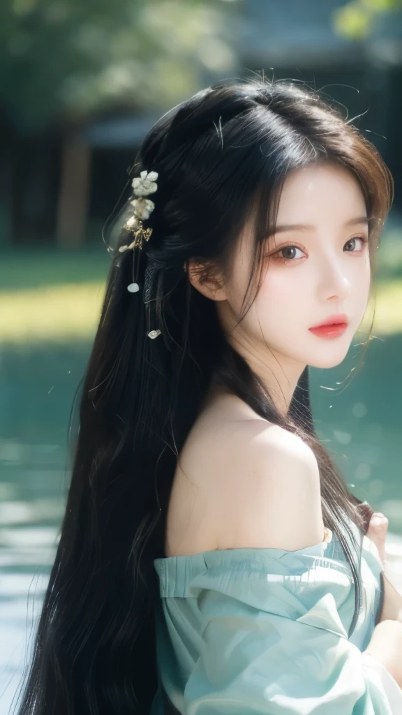 masterpiece, best quality, Official Art, 8k wallpaper, Very detailed, illustration, 1 girl, Long hair, Exquisite eyes, Bare shoulders, Hanfu, lake, pure, Gentle smile,Fair skin，Exquisite facial features，Especially the bright eyes。Her face shape is usually oval，Ancient Chinese beauties，Gorgeous makeup，Green Hanfu