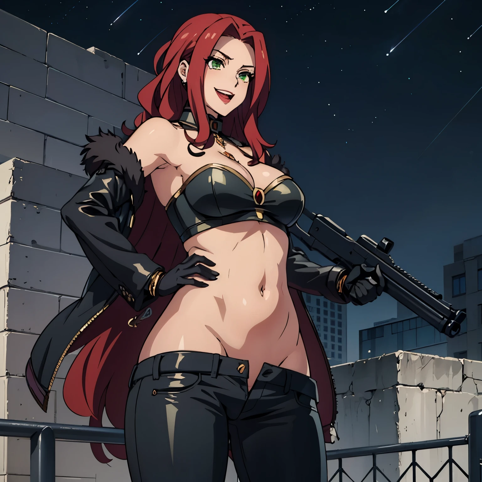 Malty, bitch, red hair, beautiful face, green eyes, , evil smile, smile, blush, lipstick, long hair, fur trim, mature female, gloves, fur-trimmed coat, outdoors, rooftop, cityscape, building, railing, night, night sky, scenery, city lights, lipstick, masterpiece, best quality, highly detailed, a girls with a gun, evil smile , open mouth, sexy gaze, badass pose , evil smile, smile, (nsfw) not safe for work, guns blazing, anime girl with long hair, beautiful long haired girl, navel, evil expression, exposed belly, exposed navel, exposed midriff, exposed lower belly, long black pants, crop top, cleavage, unbuttoned leather pants ,open fly, low rise black leather pants, leather jacket, holding a gun,