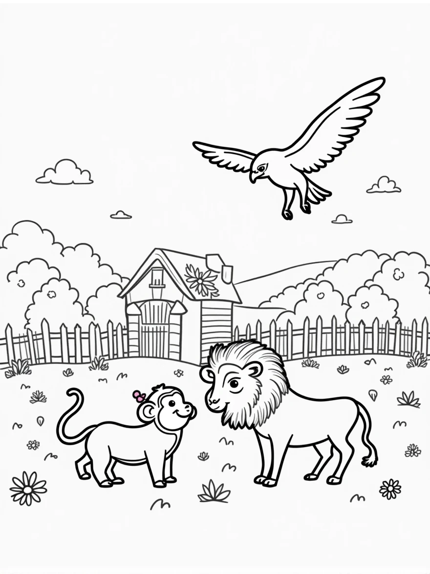 Simple line drawings of florest animals like monkey, eagles, javali, and lion. Include florest elements like wooden fences, barns, and fields. The style should be easy for children to color