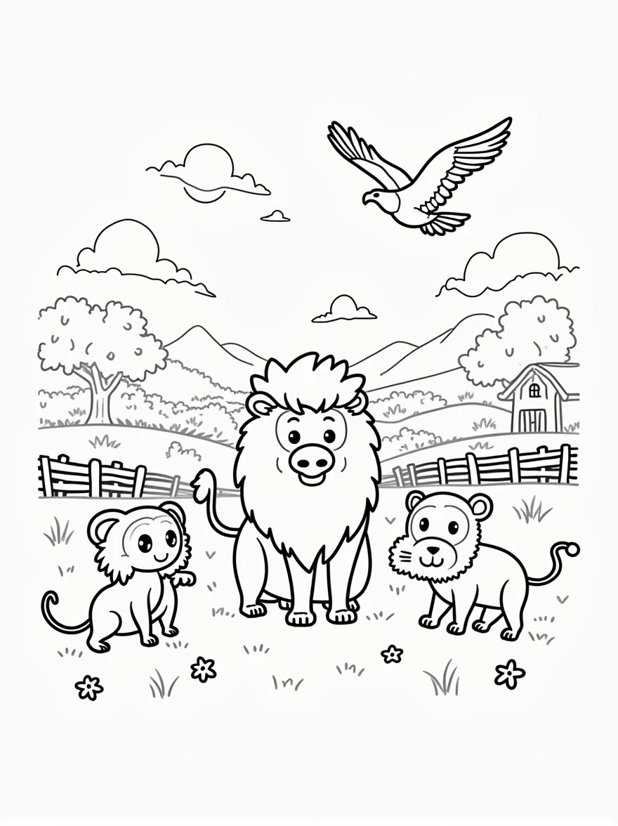 Simple line drawings of florest animals like monkey, eagles, javali, and lion. Include florest elements like wooden fences, barns, and fields. The style should be easy for children to color
