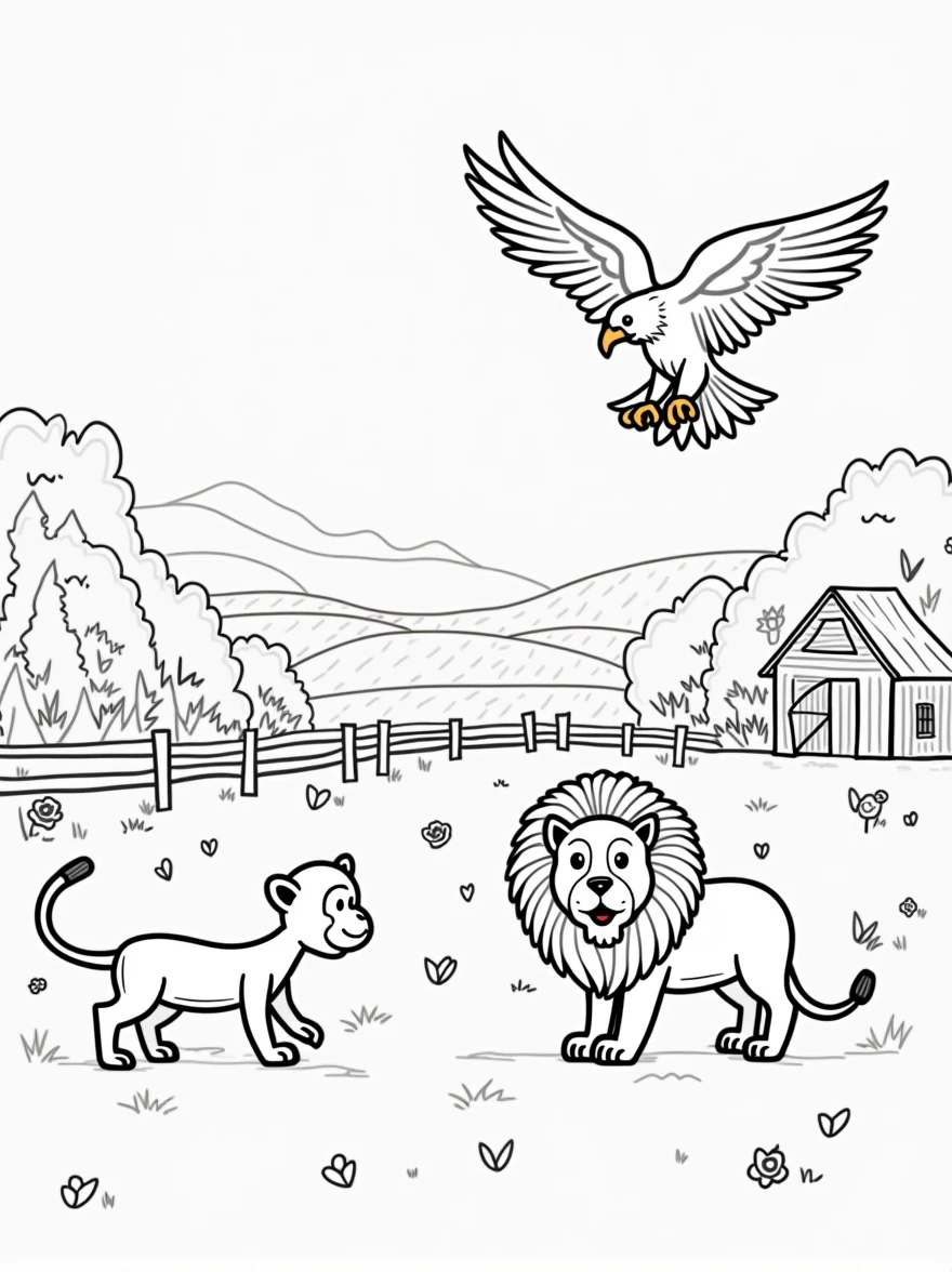 Simple line drawings of florest animals like monkey, eagles, javali, and lion. Include florest elements like wooden fences, barns, and fields. The style should be easy for children to color