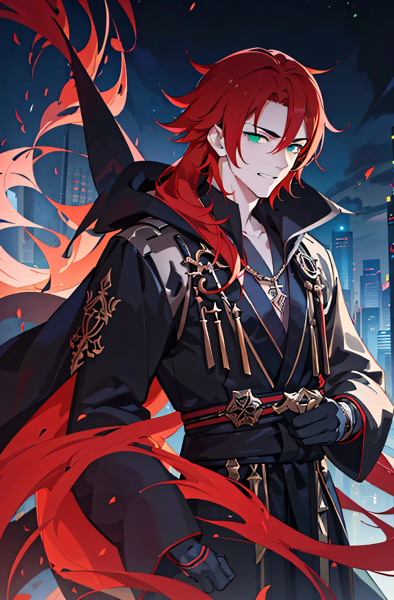 ((evil smile)),((handsome)),Cyberpunk male, fantasy world, dark background, clean design, epic instagram, artstation, colorful paint splatter, silhouette, hyper detailed intricate details, unreal engine, fantasy, intricate details, splash screen, complementary colors, Fantasy concept art, 8k resolution, deviantart masterpiece, oil painting, heavy strokes, (((handsome young man))), ((age:1.5) ), (green eyes), ((light eyes)), (((long ginger hair: 1.1))), ((black and red clothes)), (prince\\(indifferent expression\\),, ( ((Wears high detail luxurious black robe))), red hair, (chest) --v 6