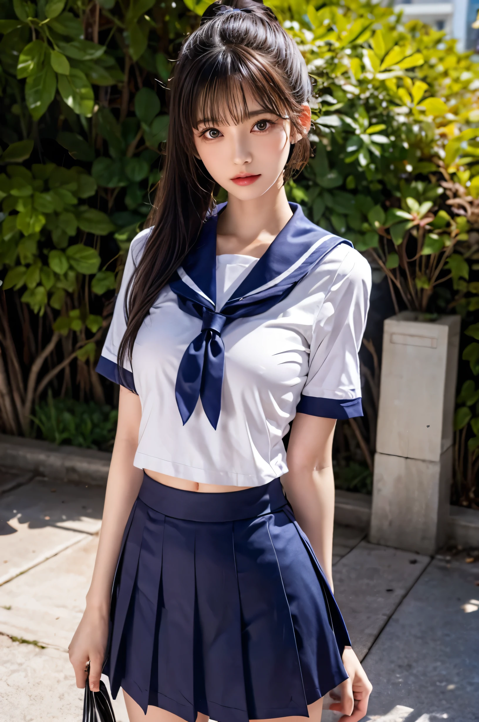 (Ultra HD), (Short-sleeved sailor uniform, Extremely short navy blue skirt), Big Breasts, slender, Narrow waist, (The belly button is visible:0.8), (I can see your pants), whole body, Standing posture, (Clean and shiny skin, Whitening, No makeup), (Super slim face, Super beautiful face), (ponytail, Layered Cut, Fluffy hair), (double eyelid, Slanted eyes), Small Nose, Thin lips, Thin legs, In front of the school gate